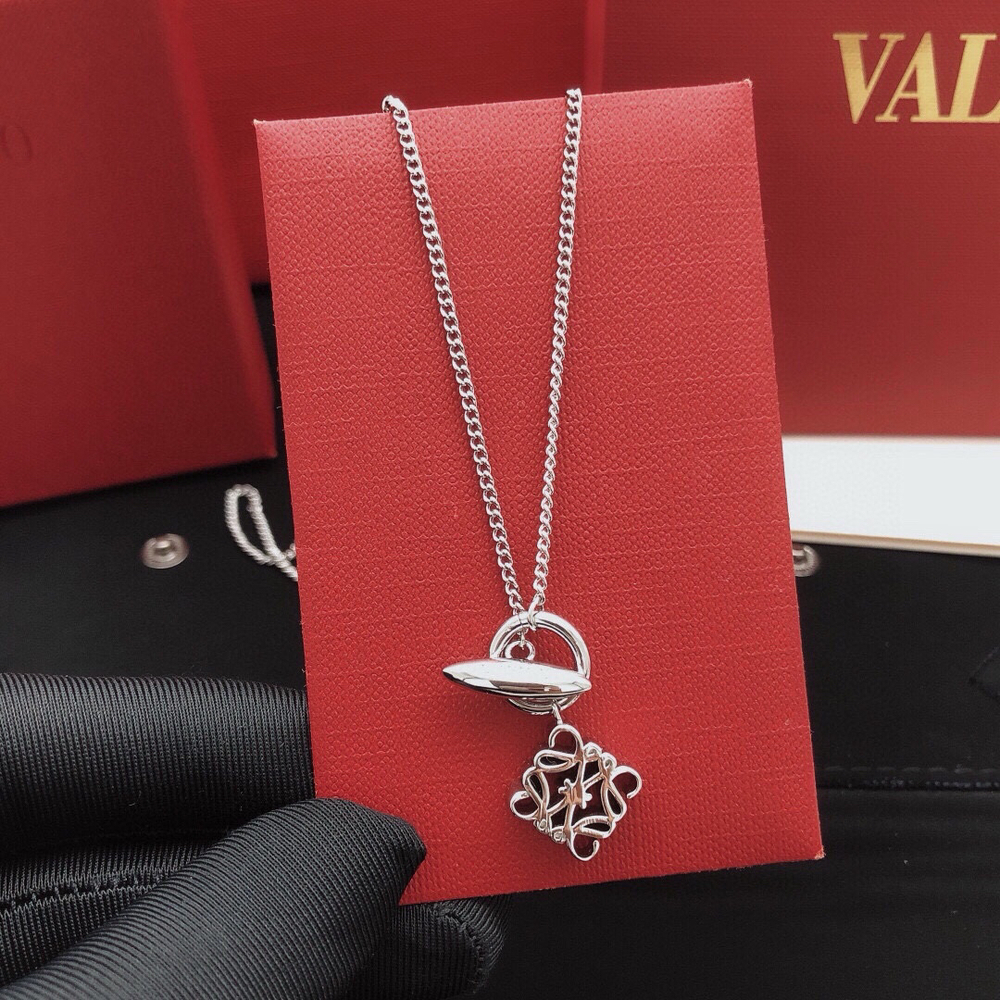Loewe Silver Anagram Cutout Pendant Long Necklace